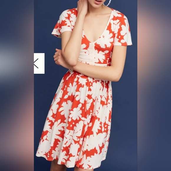 Maeve Floral Dress in Orange and Cream-Size S - 94% Rayon - Picture 1 of 9